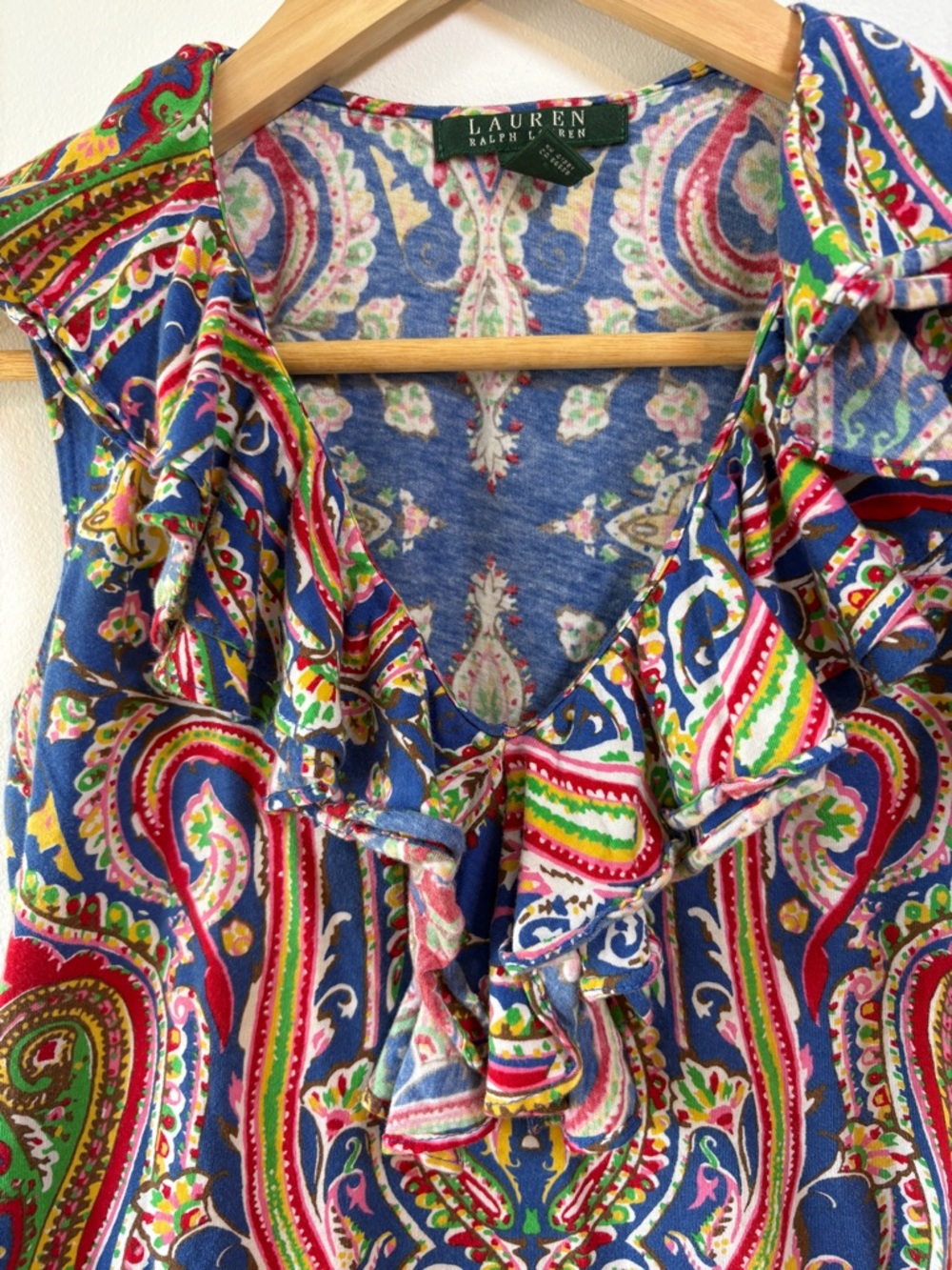 Lauren Ralph Lauren Paisley Ruffle Sleeveless Top Blue Multi Boho Preppy XS - Picture 3 of 7